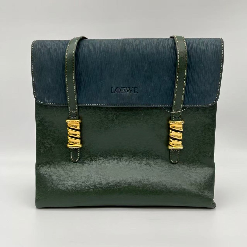 「JL精品代購」Loewe綠藍拼色蛇骨單肩公文包-0