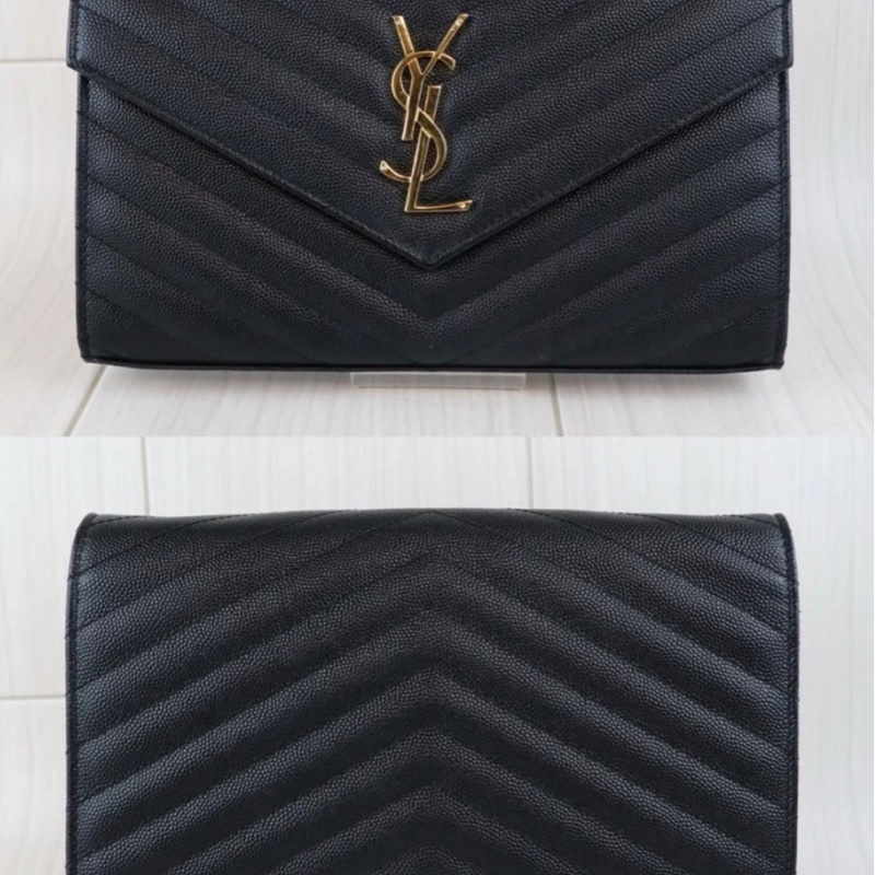 「JL精品代購」98新 Ysl 荔枝牛皮黑金信封包-2