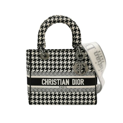 Dior Lady Dior戴妃包中號帆布千鳥格字母Logo吊飾斜挎包單肩包