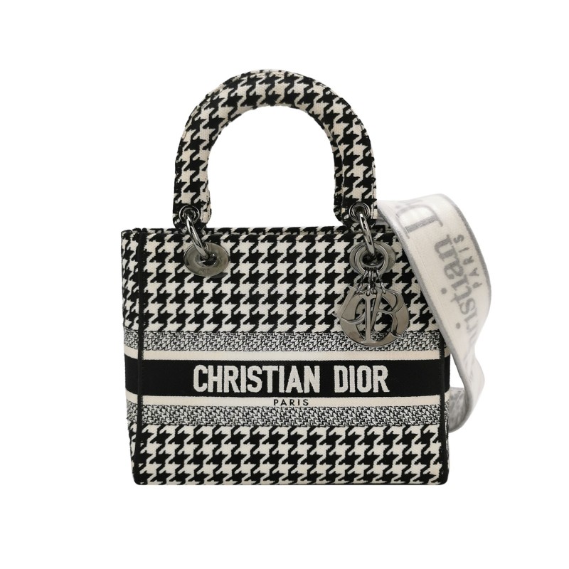 Dior Lady Dior戴妃包中號帆布千鳥格字母Logo吊飾斜挎包單肩包-0