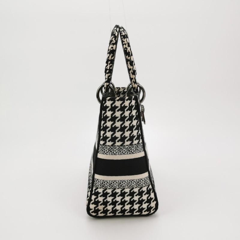 Dior Lady Dior戴妃包中號帆布千鳥格字母Logo吊飾斜挎包單肩包-3