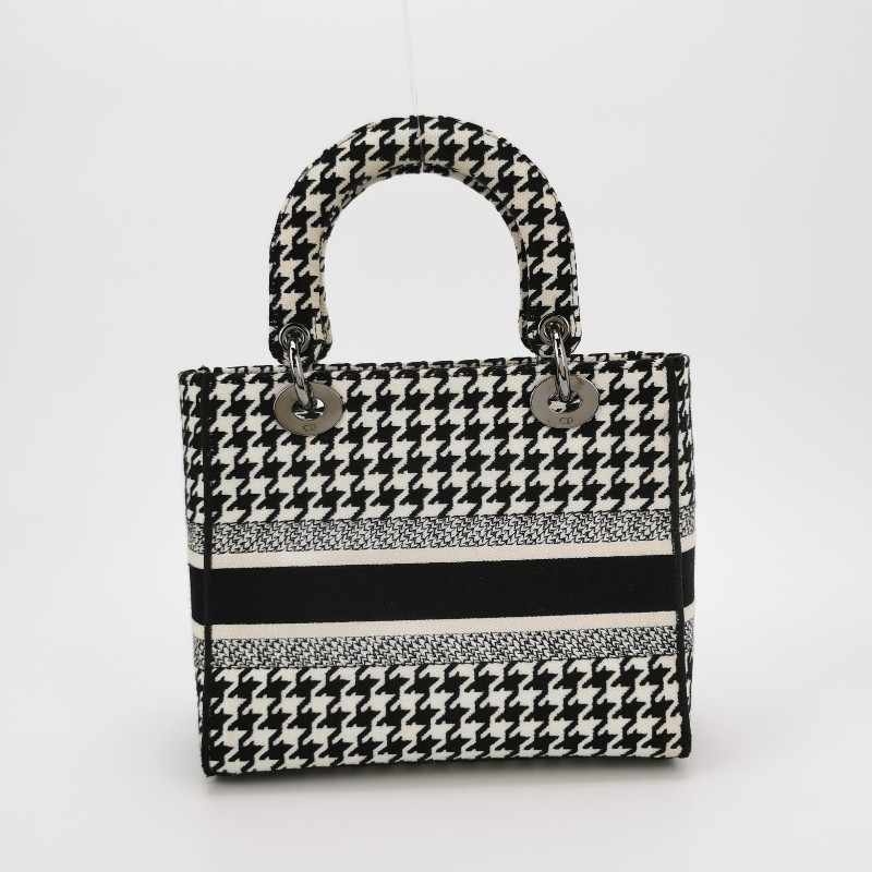 Dior Lady Dior戴妃包中號帆布千鳥格字母Logo吊飾斜挎包單肩包-4