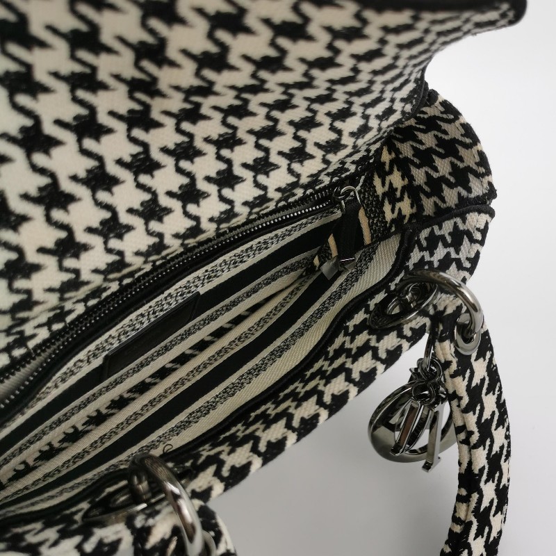 Dior Lady Dior戴妃包中號帆布千鳥格字母Logo吊飾斜挎包單肩包-6