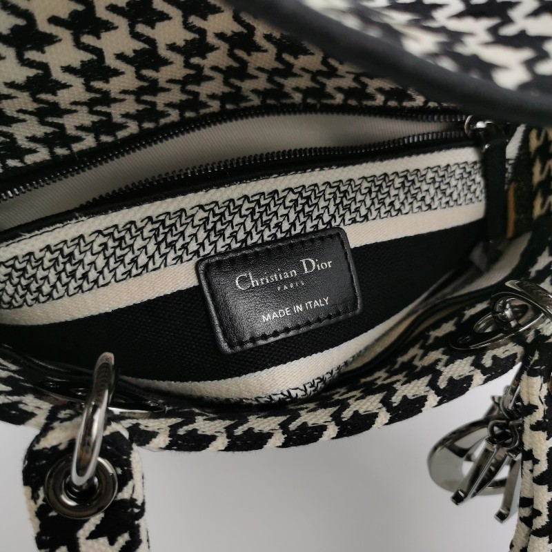 Dior Lady Dior戴妃包中號帆布千鳥格字母Logo吊飾斜挎包單肩包-7