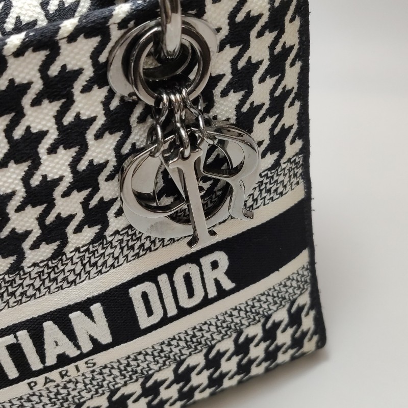 Dior Lady Dior戴妃包中號帆布千鳥格字母Logo吊飾斜挎包單肩包-10