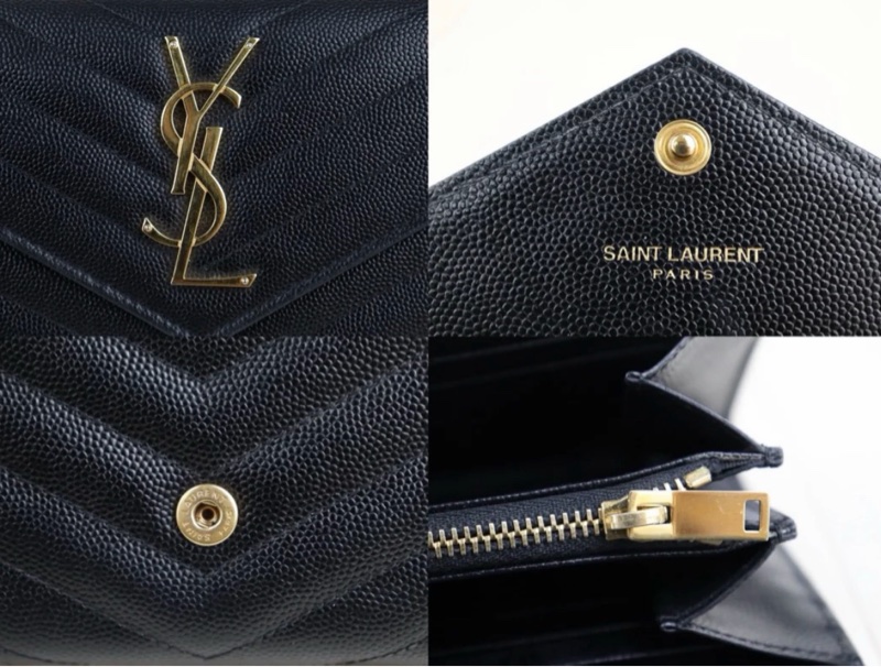 「JL精品代購」 98新 Ysl 荔枝牛皮黑金信封翻蓋長夾-6