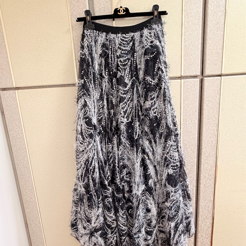 Yu Peng Shih 黑色漣漪立體繡花菲利斯紗裙 M號 9成新-0