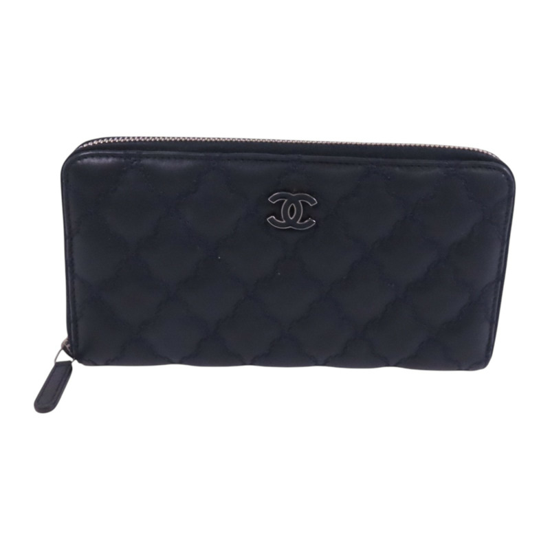 CHANEL 牛皮皮革Round Long Wallet銀扣拉鏈長錢包-0