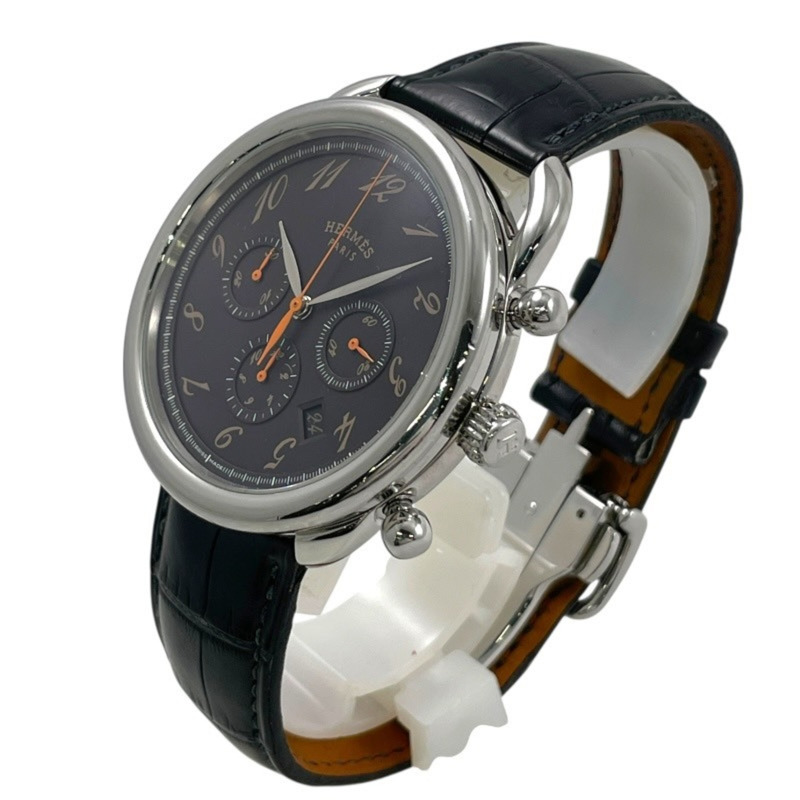 愛馬仕 Arceau 計時碼錶 AR4.910a 男士自動腕錶,不鏽鋼錶帶,皮革錶帶,黑色錶盤-1