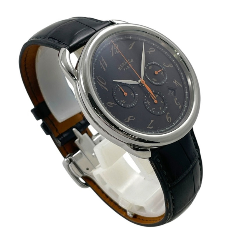 愛馬仕 Arceau 計時碼錶 AR4.910a 男士自動腕錶,不鏽鋼錶帶,皮革錶帶,黑色錶盤-2