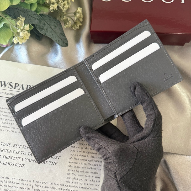灰色GG Logo 塗層帆布對開8卡短夾(黑色/灰色)-5