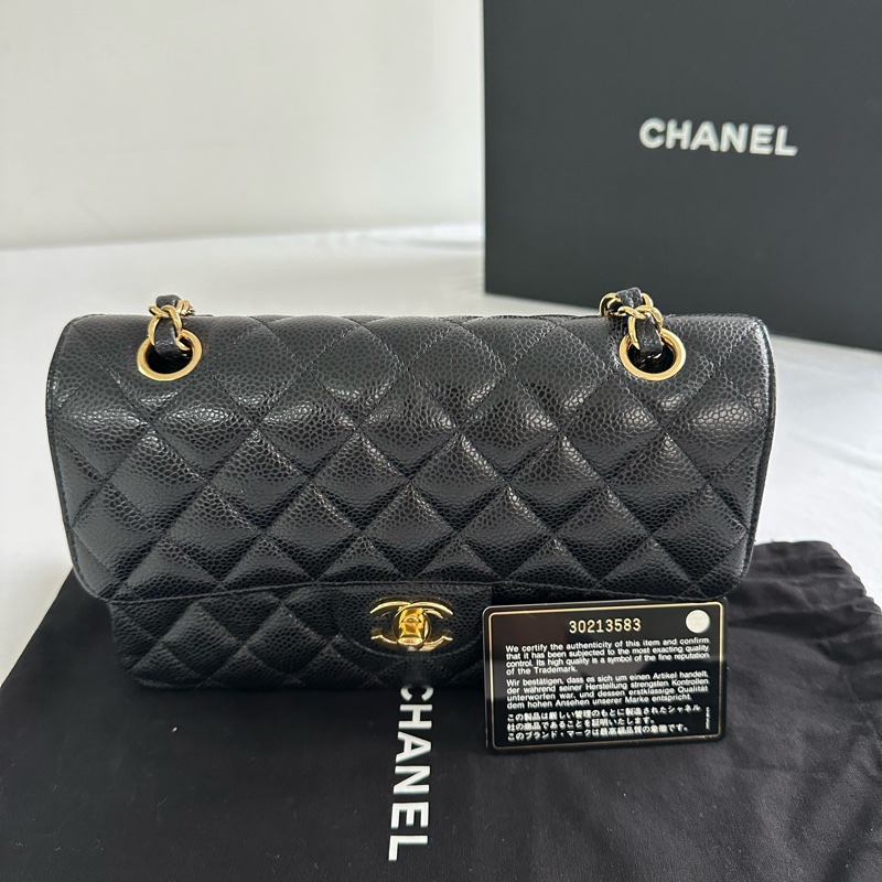 Chanel 香奈兒 CF小號 黑金牛皮 荔枝紋30開 有卡 帶防塵袋-8