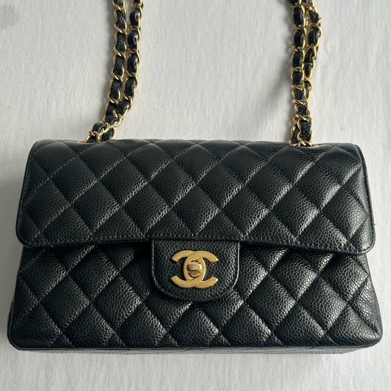 Chanel 香奈兒 CF小號 黑金牛皮 荔枝紋30開 有卡 帶防塵袋-9