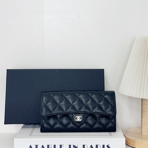 Chanel 經典 淡金 雙C Logo 菱格荔枝牛皮 信封長夾