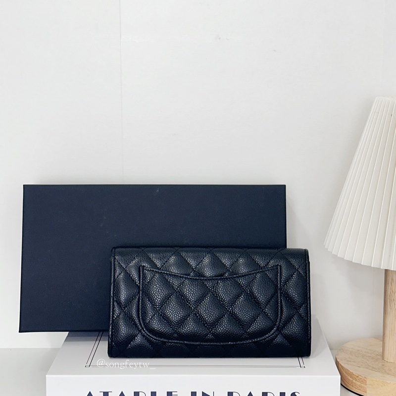 Chanel 經典 淡金 雙C Logo 菱格荔枝牛皮 信封長夾-1