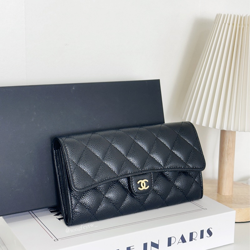 Chanel 經典 淡金 雙C Logo 菱格荔枝牛皮 信封長夾-2