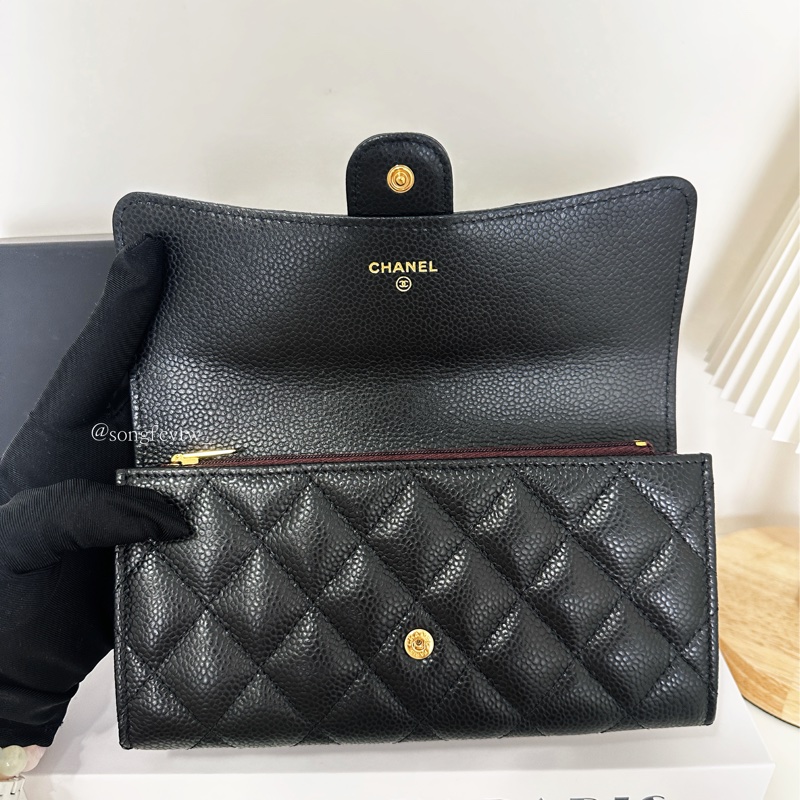 Chanel 經典 淡金 雙C Logo 菱格荔枝牛皮 信封長夾-3