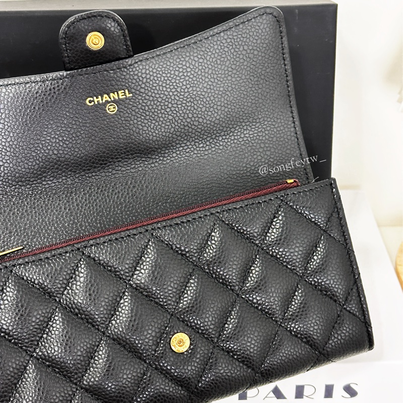 Chanel 經典 淡金 雙C Logo 菱格荔枝牛皮 信封長夾-4