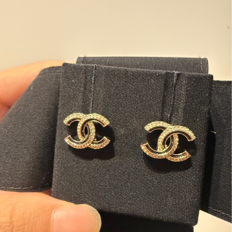 Chanel 2cm黑金鑽石耳環-0