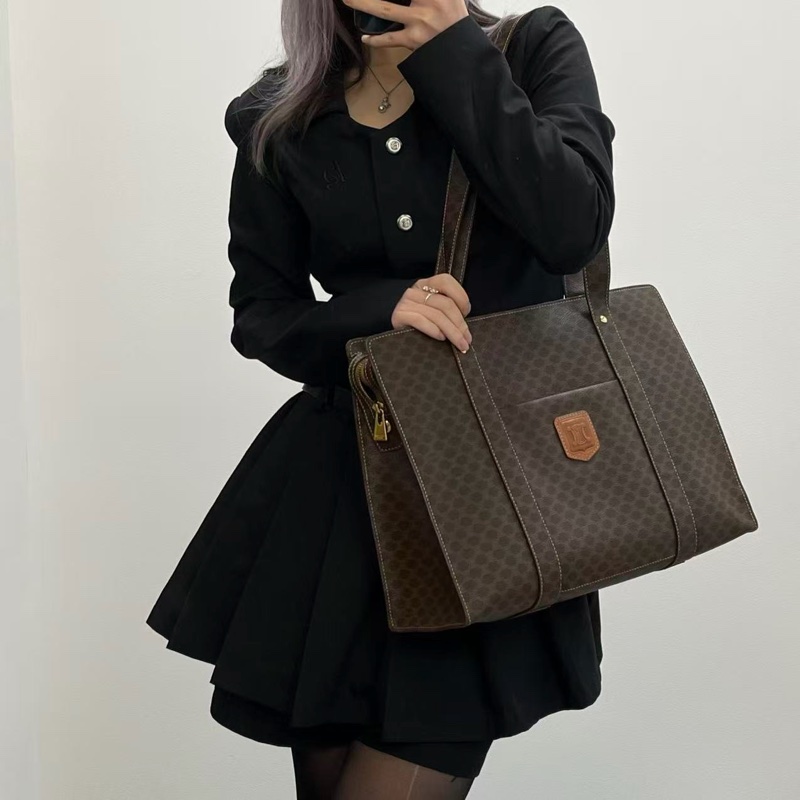 「JL精品代購」Celine棕色老花大號通勤托特包-1