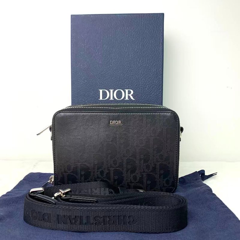 Christine Dior Double Zip Oblique Crossbody Pouch黑色牛皮DIOR LOGO印花斜褙袋-0