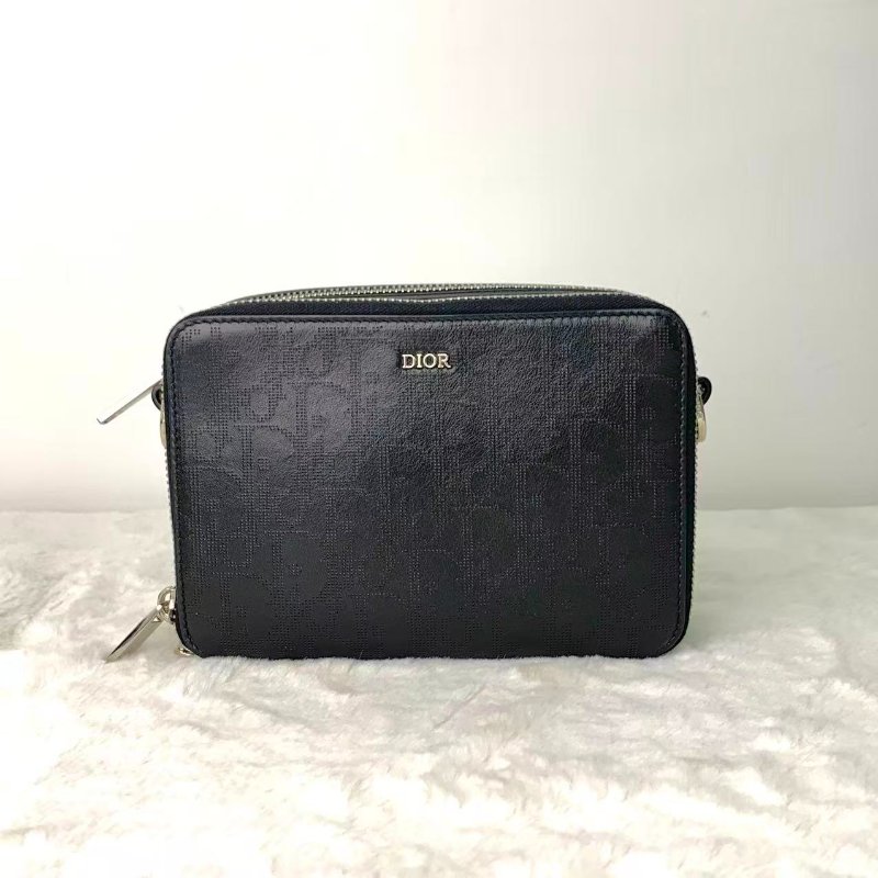 Christine Dior Double Zip Oblique Crossbody Pouch黑色牛皮DIOR LOGO印花斜褙袋-1
