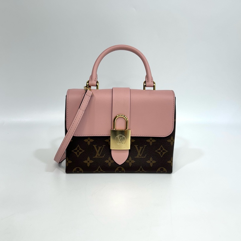 近新路易威登鎖頭包LV原花拚櫻花粉牛皮Locky BB手提側背包M44080-1