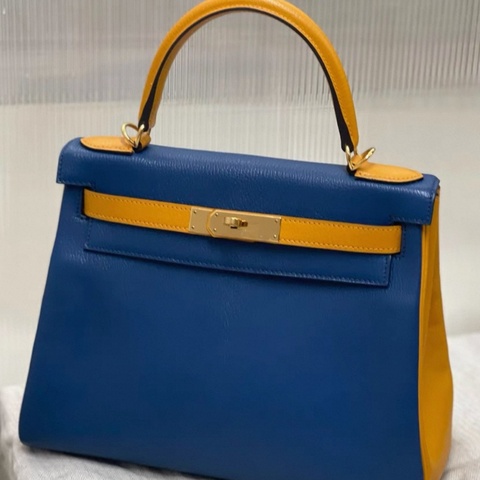 有購證🩷 愛馬仕 Hermes/kelly28電光藍拼太陽黃 C刻 配件 塵袋 肩帶 鑰匙鎖 票