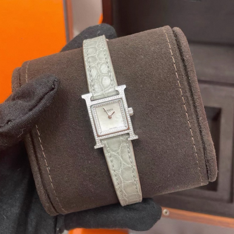 Hermes愛馬仕雙圈鑽H手錶 石英機芯 鰐魚皮 白色錶盤-0