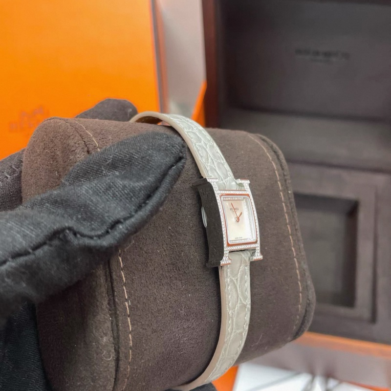 Hermes愛馬仕雙圈鑽H手錶 石英機芯 鰐魚皮 白色錶盤-2