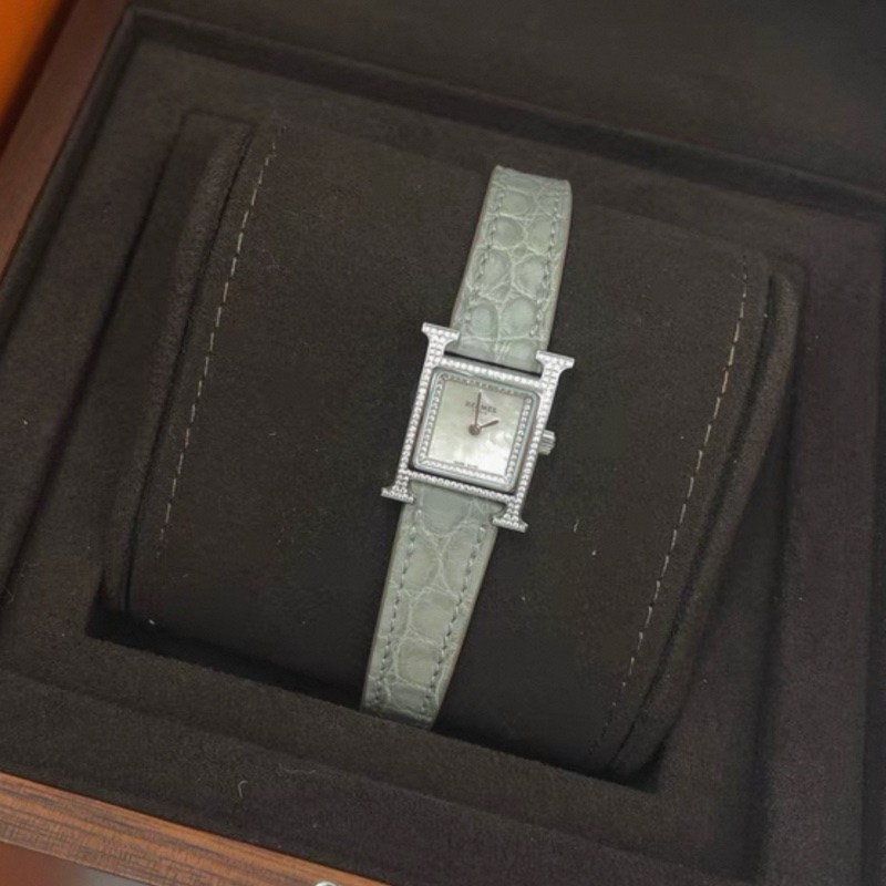 Hermes愛馬仕雙圈鑽H手錶 石英機芯 鰐魚皮 白色錶盤-4