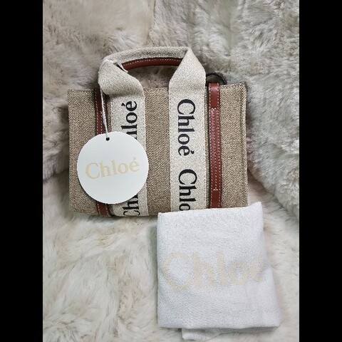 Chloé Woody Mini 托特包 藤編帆布設計 經典Logo織帶款