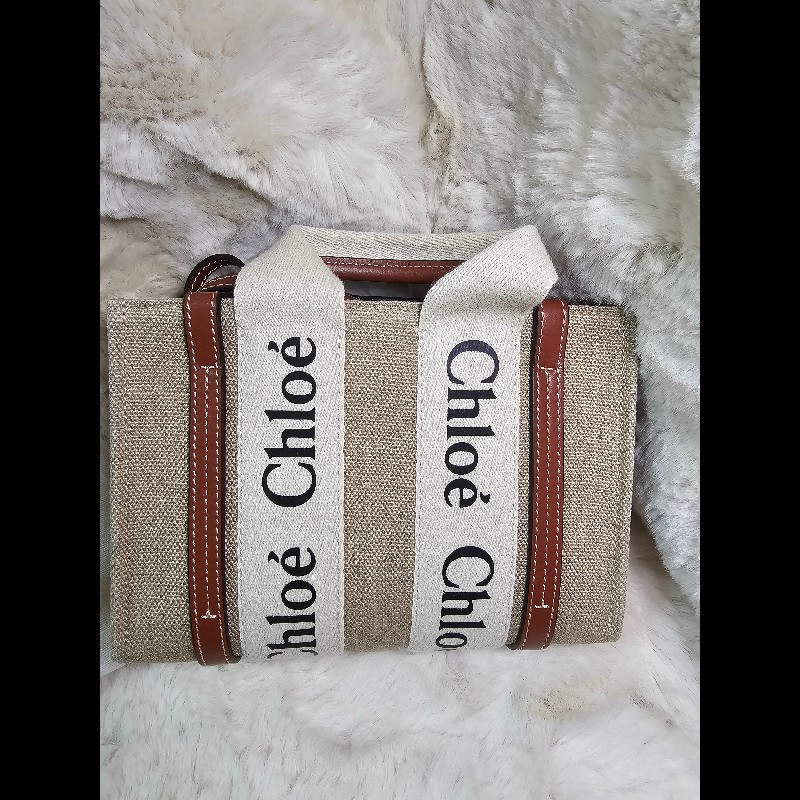 Chloé Woody Mini 托特包 藤編帆布設計 經典Logo織帶款-3