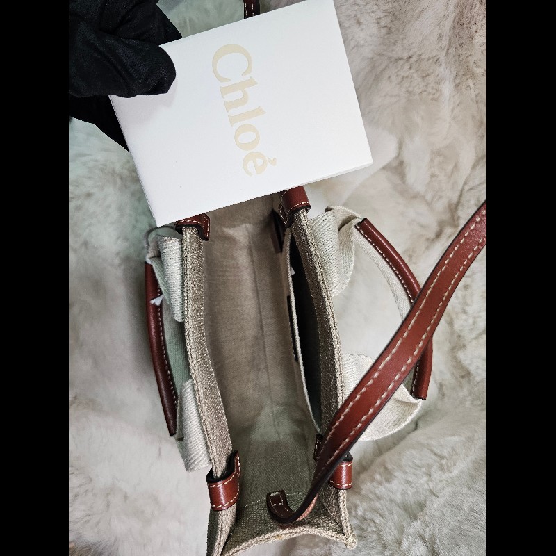 Chloé Woody Mini 托特包 藤編帆布設計 經典Logo織帶款-6