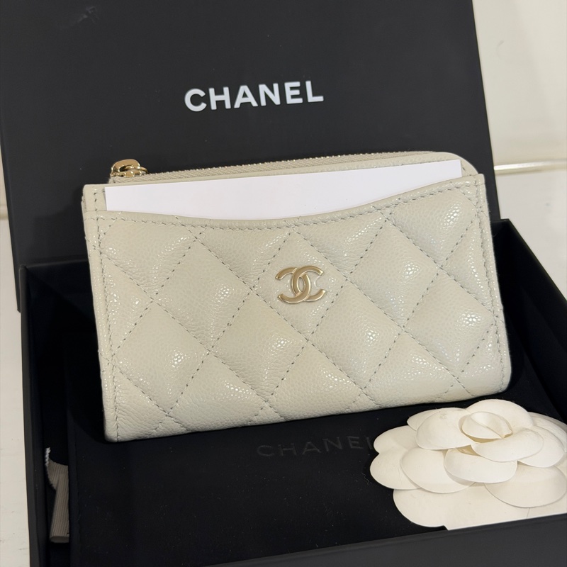 #全新帶膜 #全配 #芯片款 香奈兒荔枝皮奶灰拉鍊卡夾零錢包-0