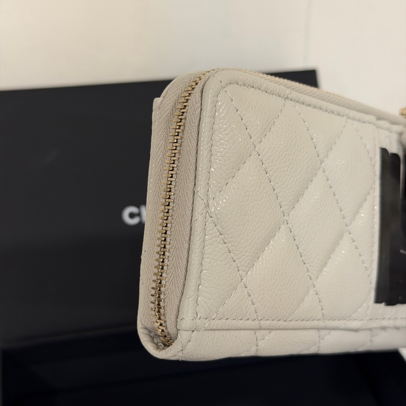 #全新帶膜 #全配 #芯片款 香奈兒荔枝皮奶灰拉鍊卡夾零錢包-2