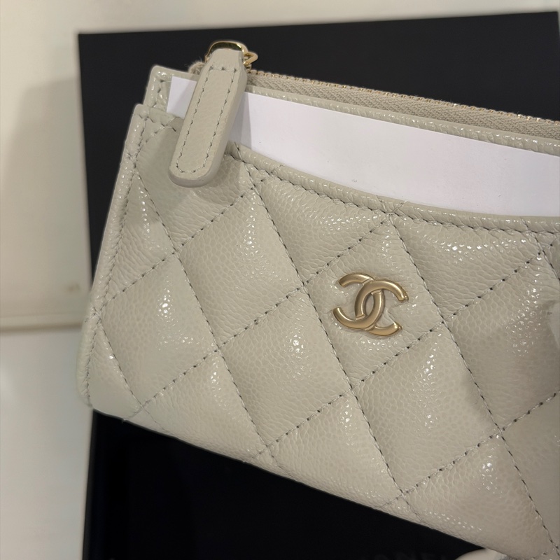 #全新帶膜 #全配 #芯片款 香奈兒荔枝皮奶灰拉鍊卡夾零錢包-3