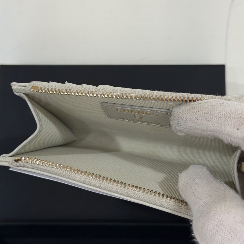 #全新帶膜 #全配 #芯片款 香奈兒荔枝皮奶灰拉鍊卡夾零錢包-5