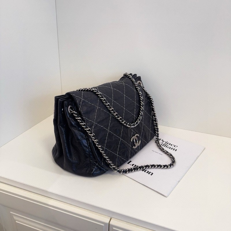 Chanel 香奈兒 黑銀外縫線 牛皮 機場南瓜鏈條包 肩背包-3