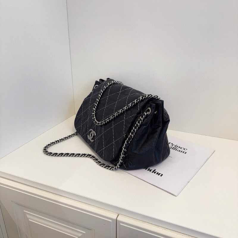 Chanel 香奈兒 黑銀外縫線 牛皮 機場南瓜鏈條包 肩背包-4