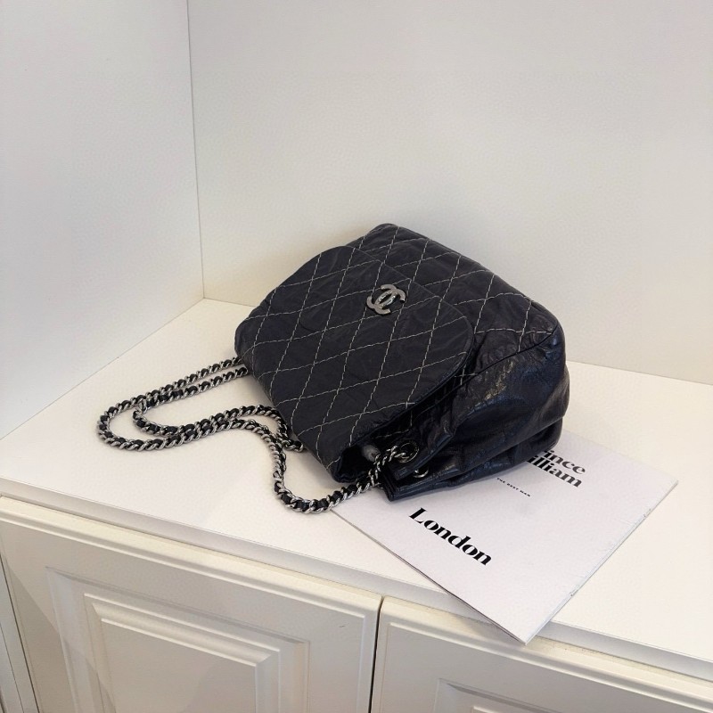 Chanel 香奈兒 黑銀外縫線 牛皮 機場南瓜鏈條包 肩背包-5