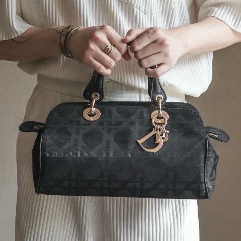 Dior vintage cannage黑金藤格紋粗麻刺繡手提包保齡球戴妃-0