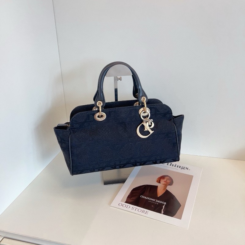 Dior vintage cannage黑金藤格紋粗麻刺繡手提包保齡球戴妃-2