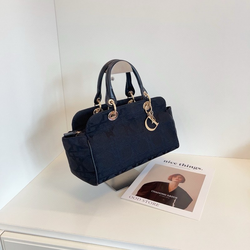 Dior vintage cannage黑金藤格紋粗麻刺繡手提包保齡球戴妃-3