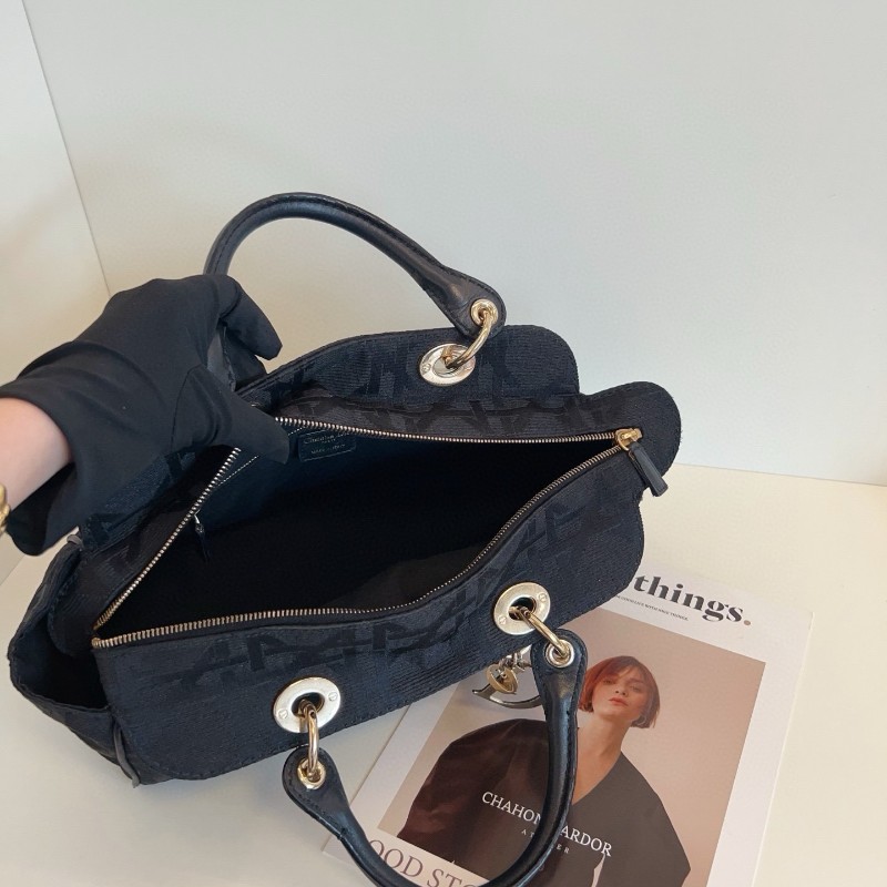 Dior vintage cannage黑金藤格紋粗麻刺繡手提包保齡球戴妃-8