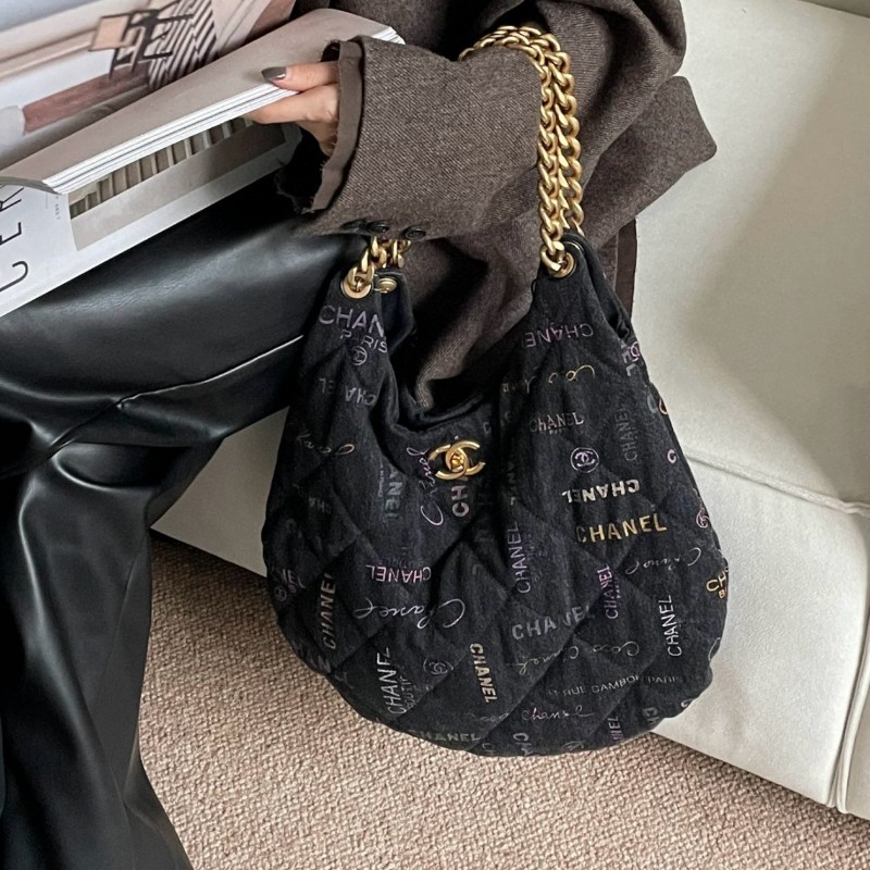 Chanel香奈兒 黑丹寧字母塗鴉牛仔Hobo 粗鏈條大豌豆肩背包 晶片款-0