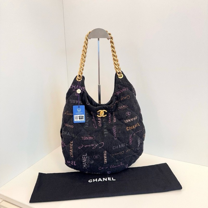 Chanel香奈兒 黑丹寧字母塗鴉牛仔Hobo 粗鏈條大豌豆肩背包 晶片款-2