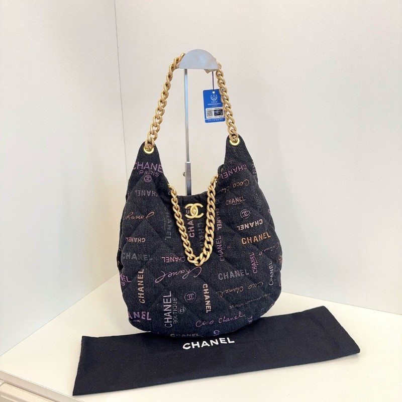 Chanel香奈兒 黑丹寧字母塗鴉牛仔Hobo 粗鏈條大豌豆肩背包 晶片款-3