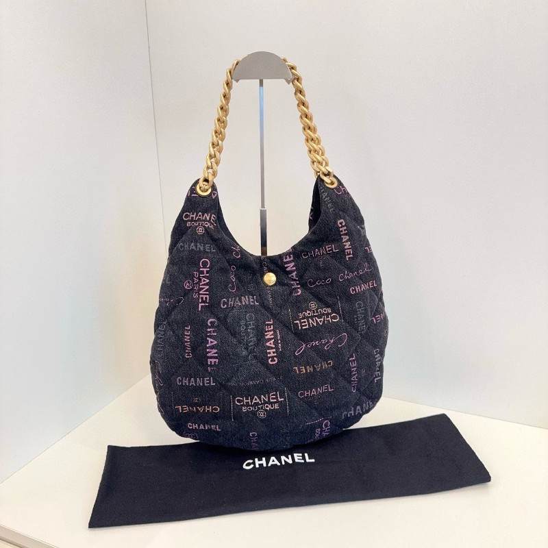 Chanel香奈兒 黑丹寧字母塗鴉牛仔Hobo 粗鏈條大豌豆肩背包 晶片款-4