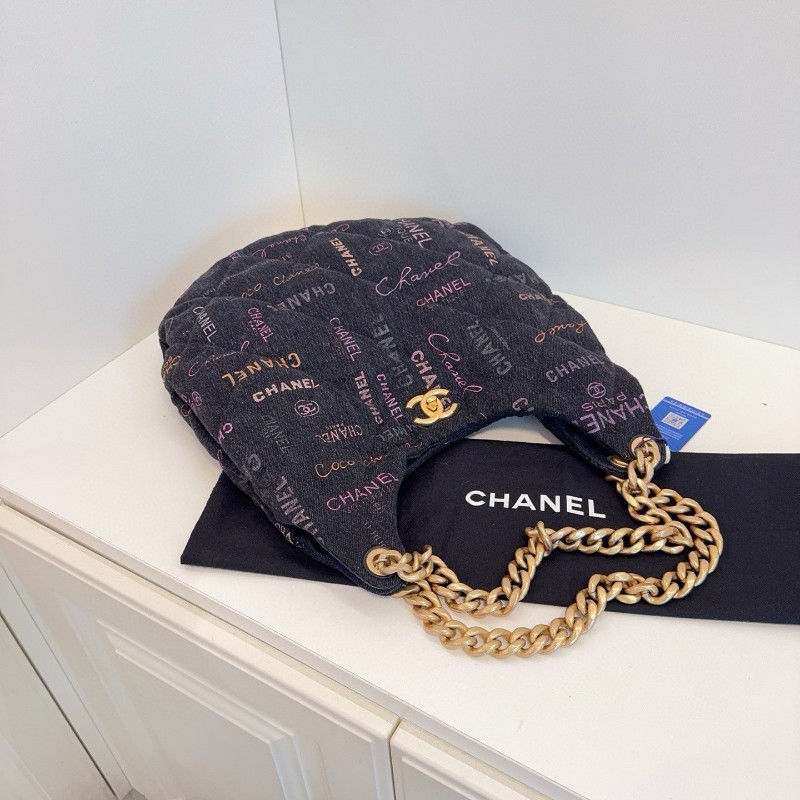 Chanel香奈兒 黑丹寧字母塗鴉牛仔Hobo 粗鏈條大豌豆肩背包 晶片款-5